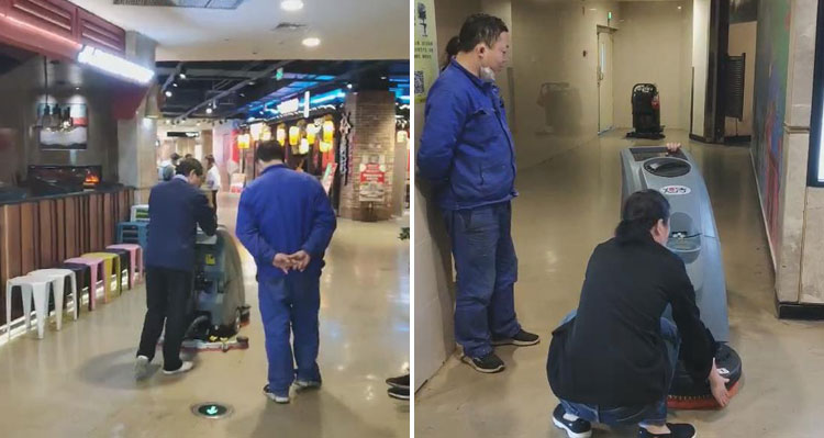 旭潔洗地機(jī)的售后工程師對(duì)百盛商場的保潔人員和保潔管理人員進(jìn)行旭潔X750手推式洗地機(jī)的使用培訓(xùn)